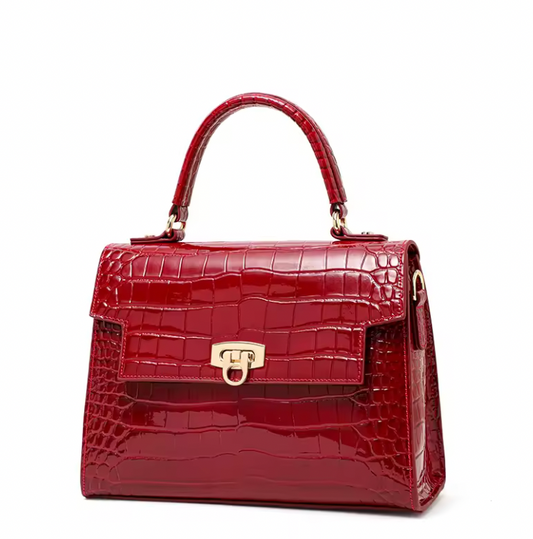 Burgundy Crocodile Pattern Boston Bag